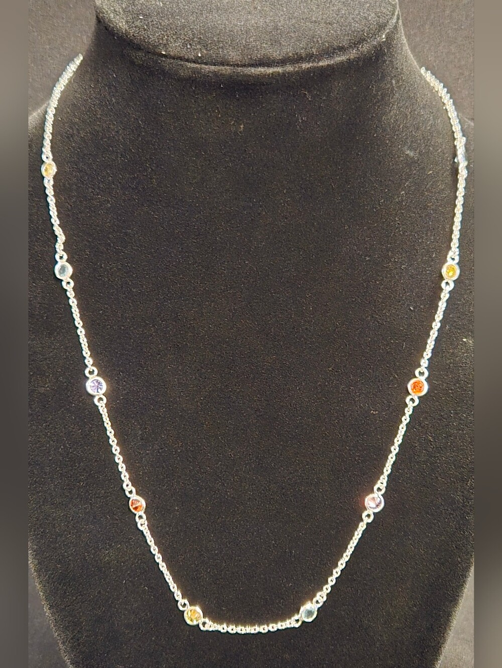 Sterling Silver Multicolored Bezel Station Necklace Signed IBB
